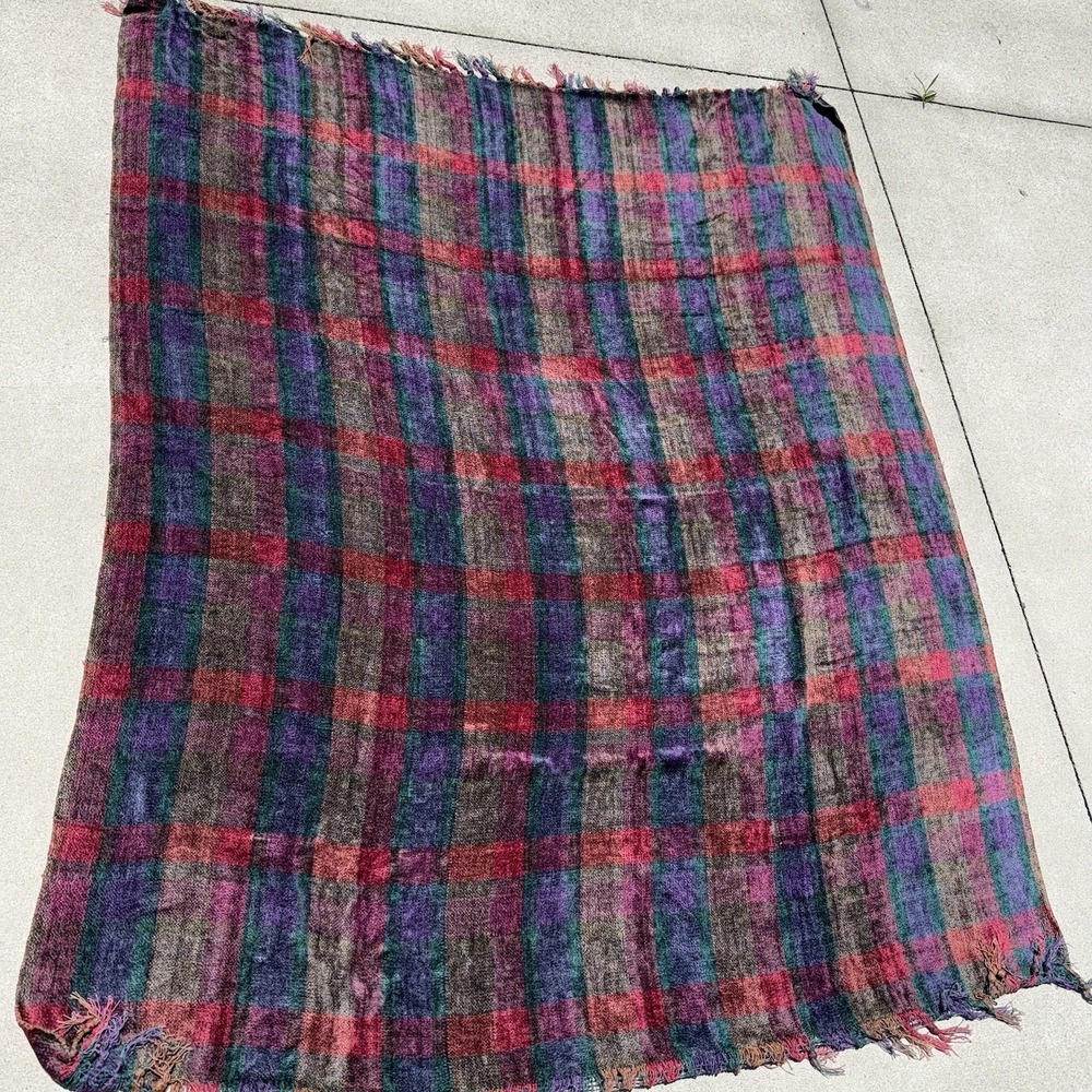 Vintage Woven Plaid Throw Blanket Jewel Tone Purple Red Green Fringed 48x61